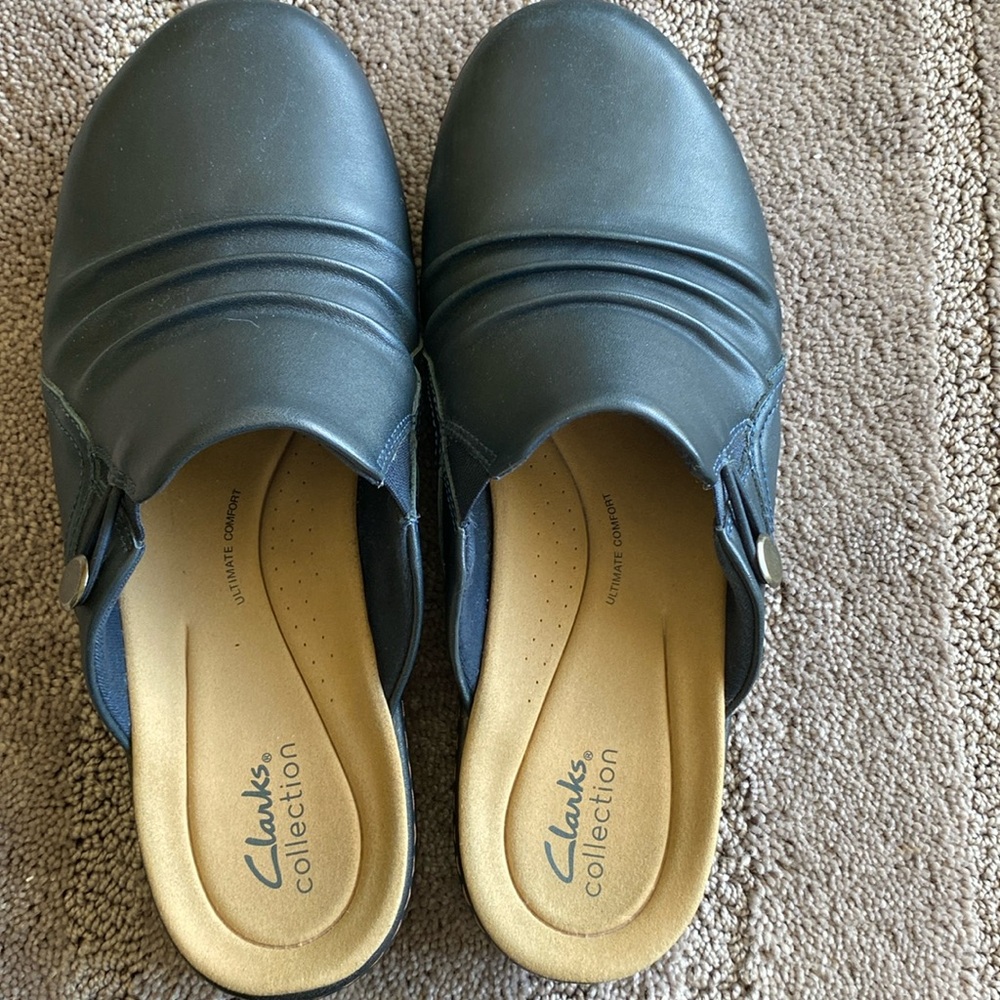 Clarks Leather‎ Clogs Mules Comfort Casual Shoes Navy Blue Size 10W
